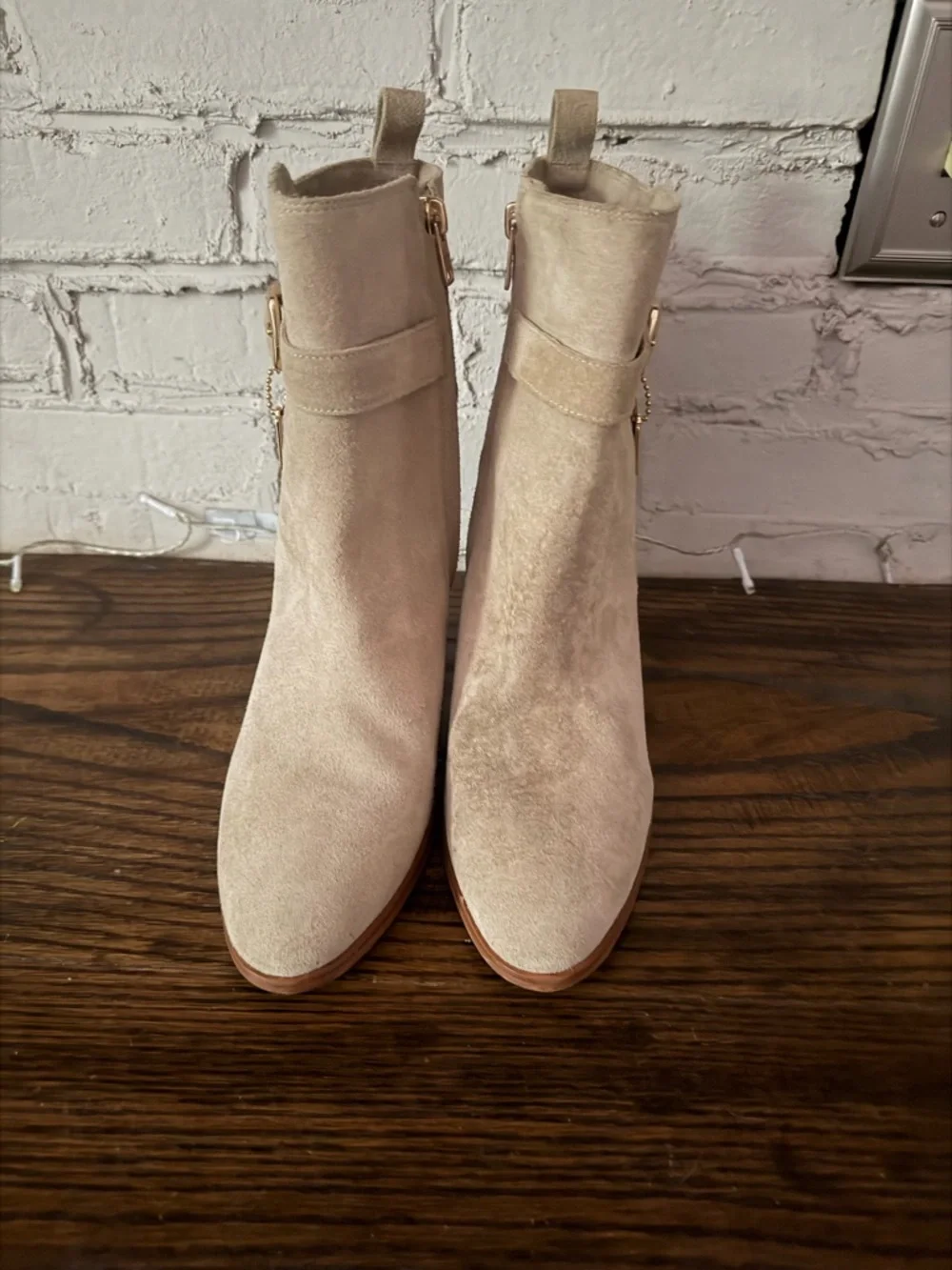 Coach Taupe Suede Ankle Booties with Buckle Charm - Picture 2 of 14